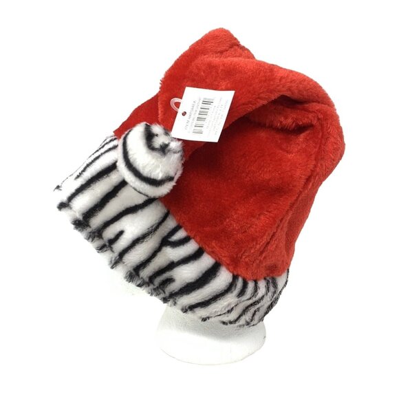 Red Santa Zebra Print Trim Plush Cap Novelty Christmas Party Hat - Picture 2 of 4